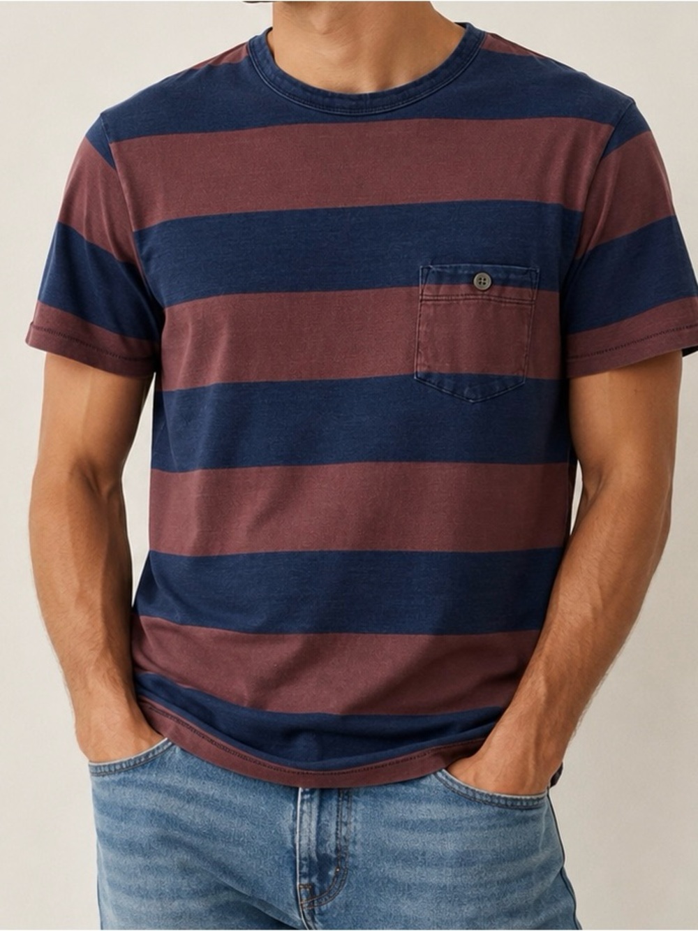 Todd Snyder Navy & Brown Wide-Stripe Pocket Tee